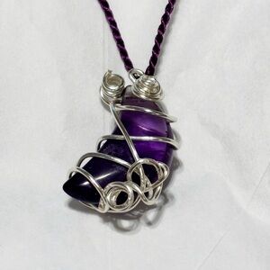 Purple Fluorite Crystal Moon Silver Wire Wrapped Pendant Necklace Handmade